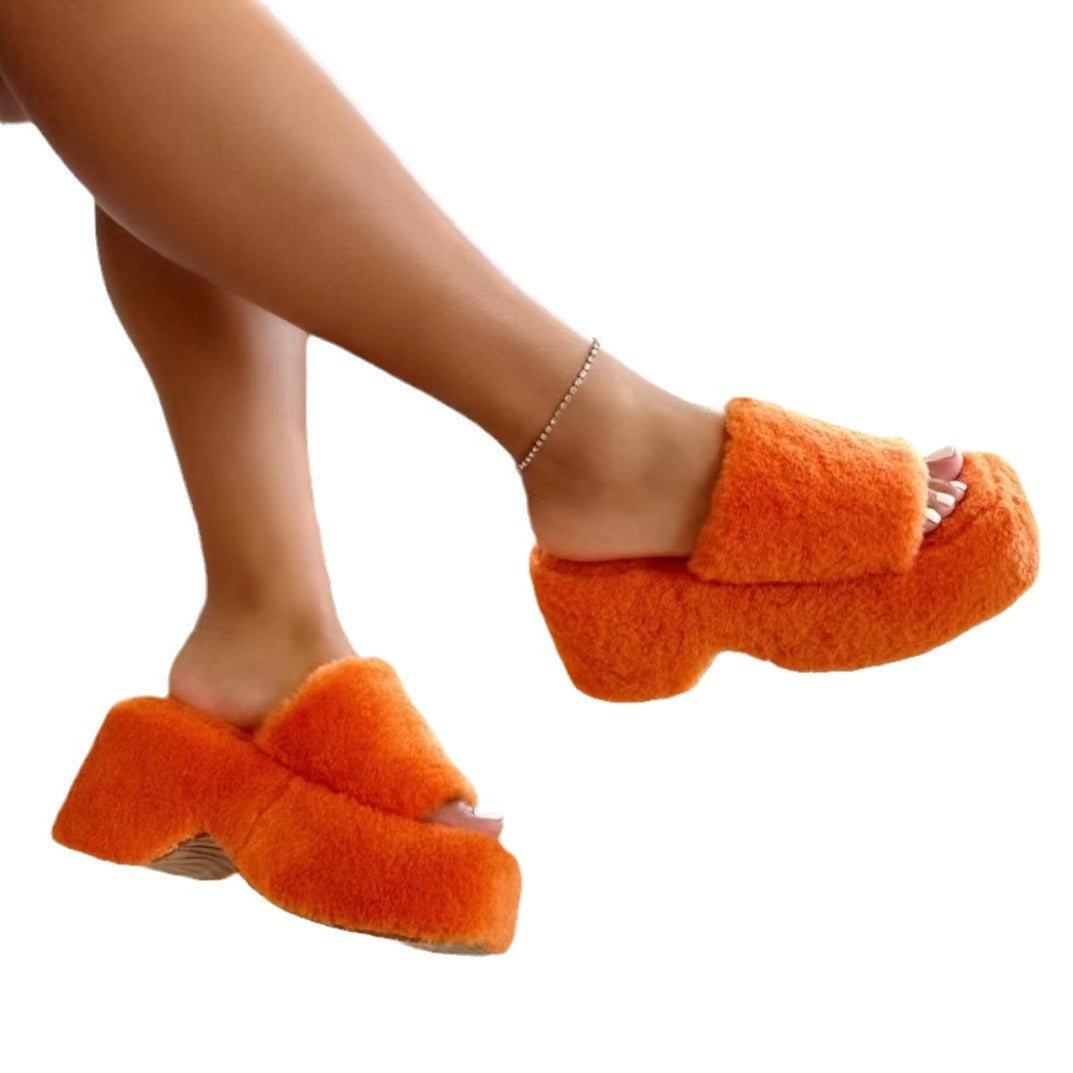 Square Head Fleece-lined Thick Slippers Warm Women