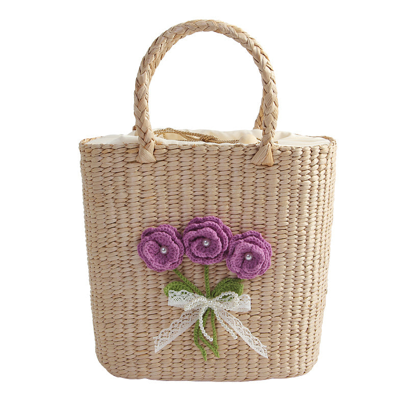 Casual Hand-woven Straw Bag Verticle Square Flower Purple