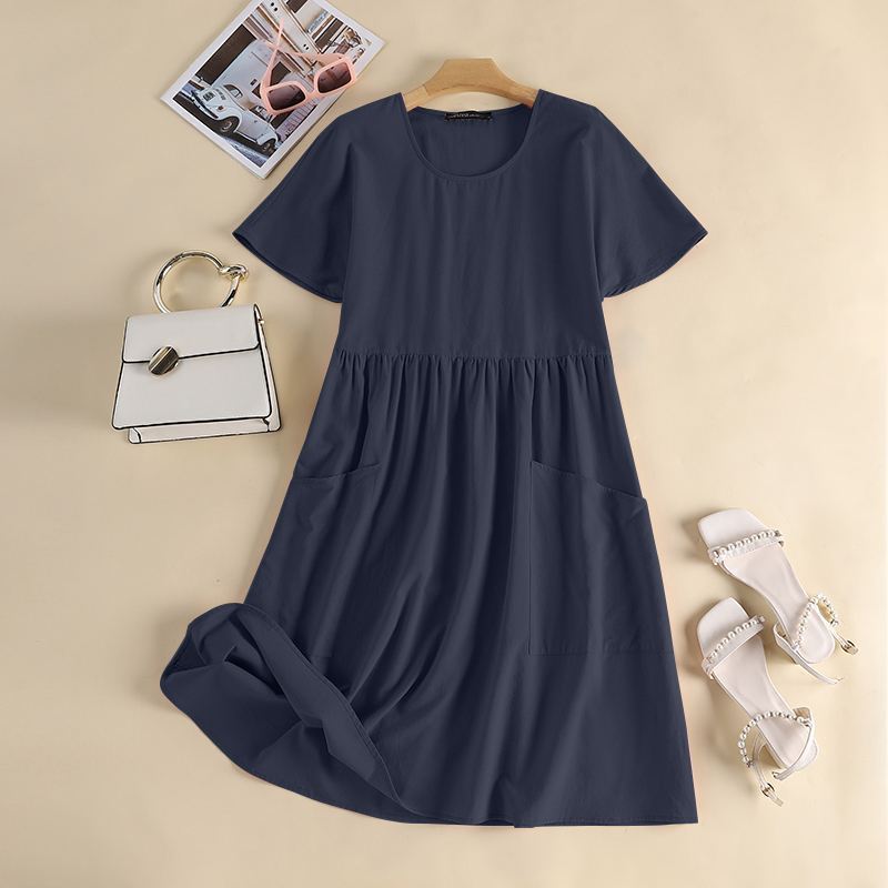 Cotton Linen Round-neck Short Sleeve Pocket Pleated Loose Dress