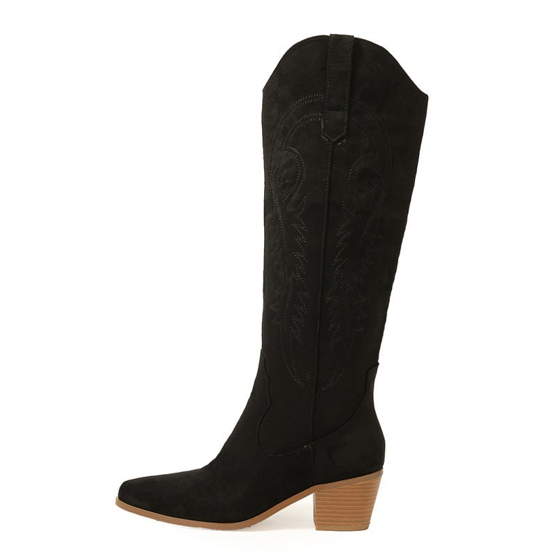 Chunky Heel Knee-high Embroidery Slip-on Middle Boots