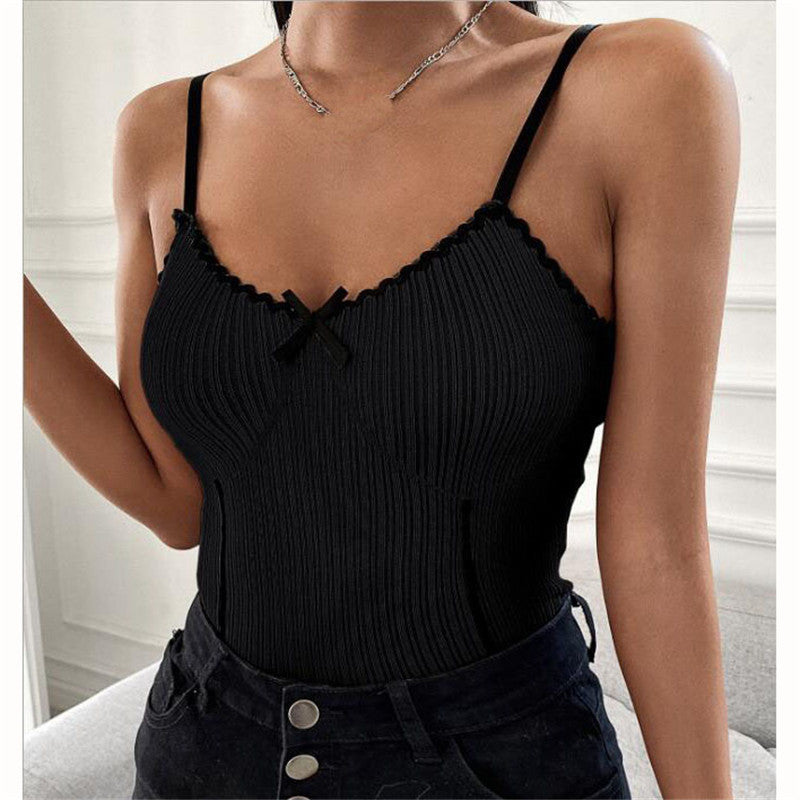 Women's Bow Lace Striped Slim Top