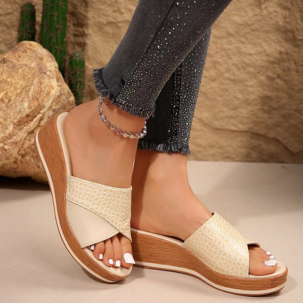 Fashion Snake-texture Wedges Sandals Summer Casual Peep-toe Thick Sole Heightening Slippers Outdoor Slides Shoes Women