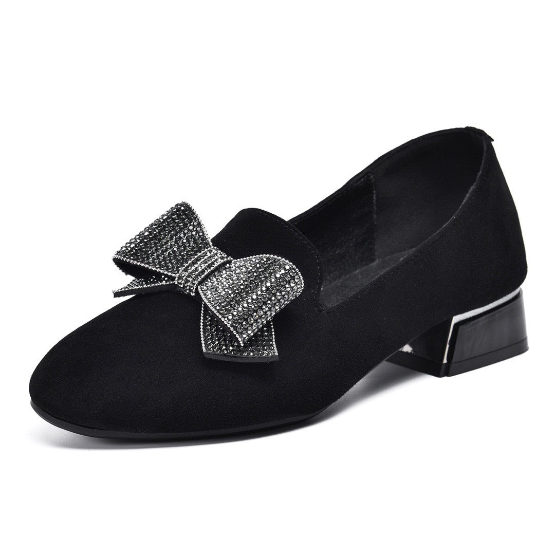 All-matching Round Toe Rhinestone Bow Leather Shoes