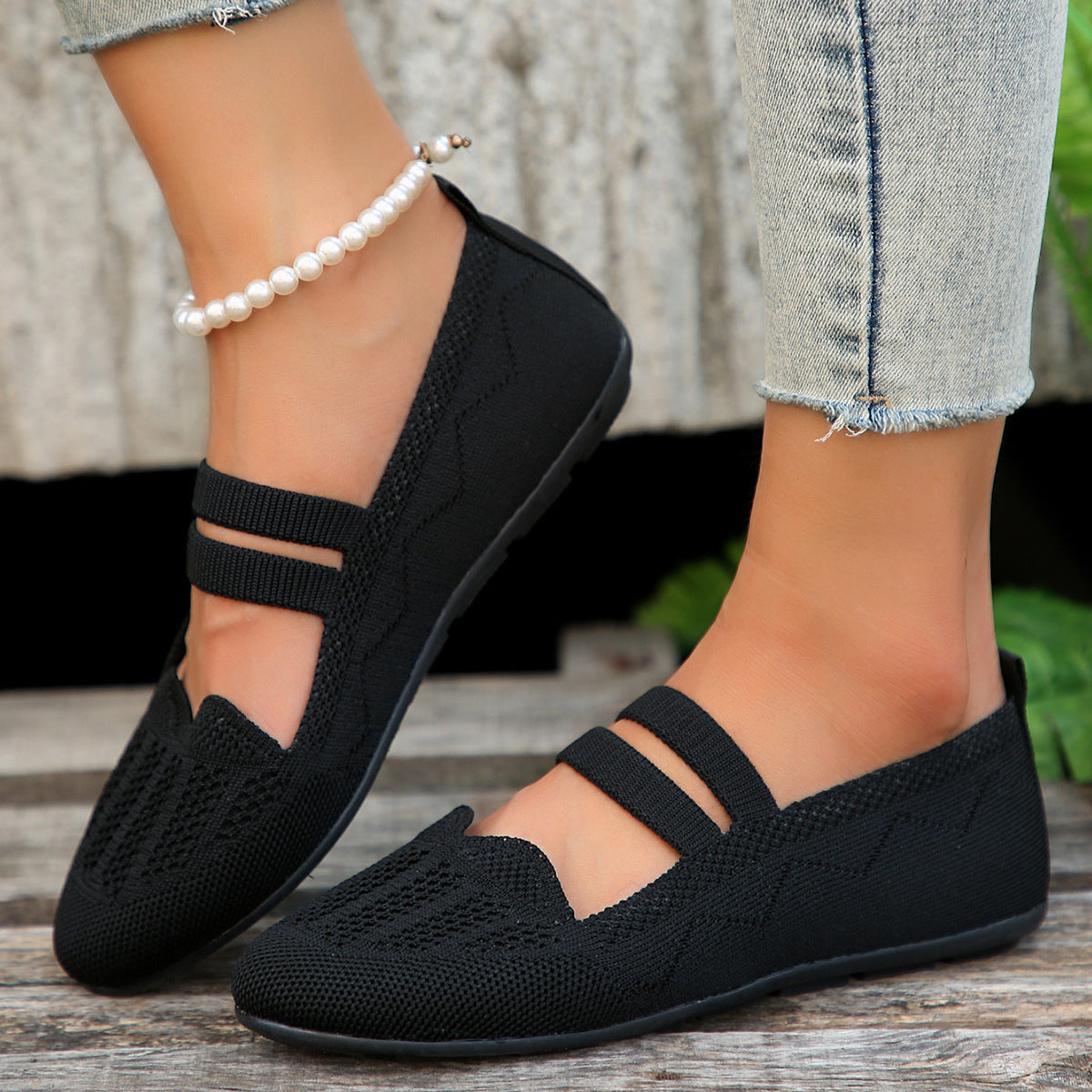 Women's Low-cut Round Toe Slip-on Knit Casual Flat Shoes