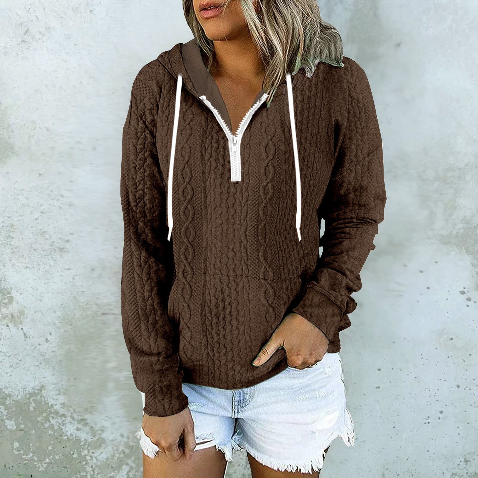 Twist Texture Design Hoodie Drawstring Sweatshirt Fashion Women Daily Clothing