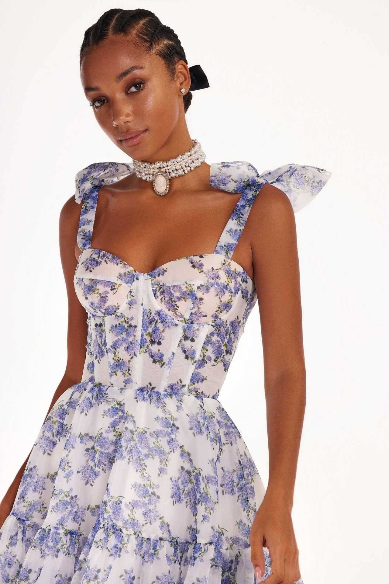 Floral Off-the-shoulder Strap Lace-up Large Swing Skirt Organza Dress