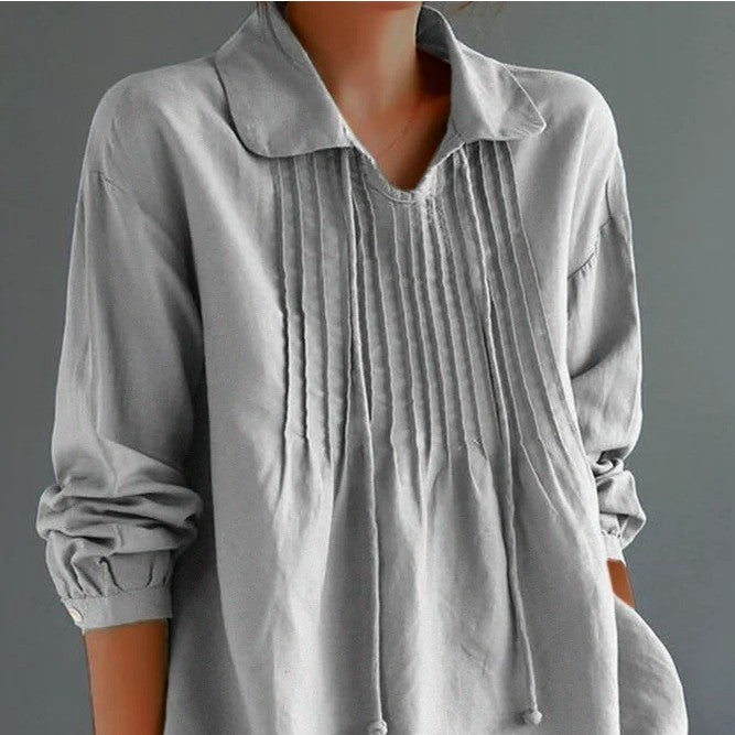Loose Cotton And Linen Long Sleeve Women's Pleated Lapel Shirt