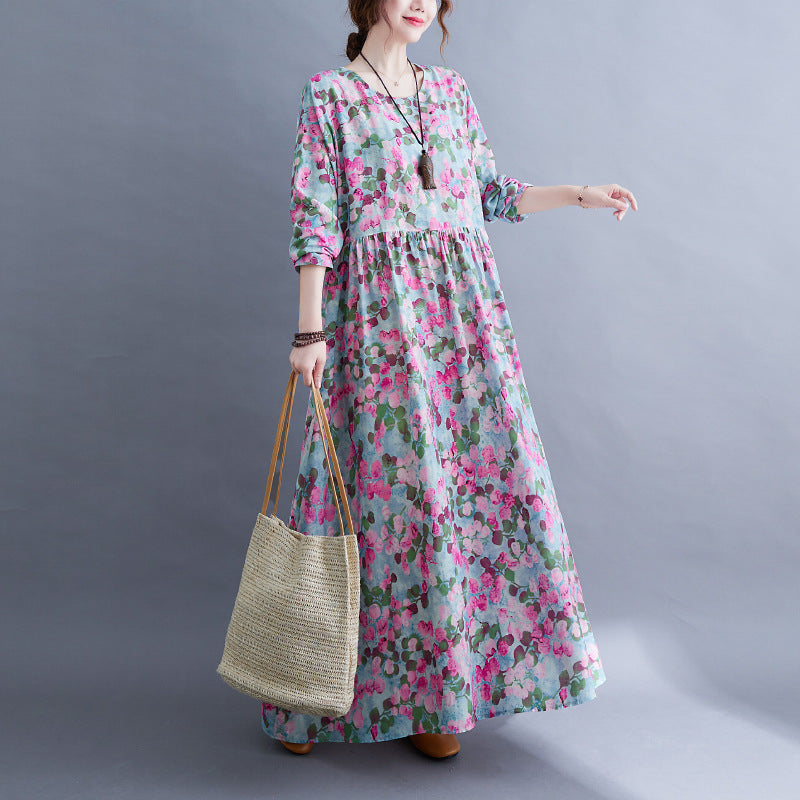Artistic Retro Cotton And Linen Plus Size Printed Round-neck Long-sleeved Dress