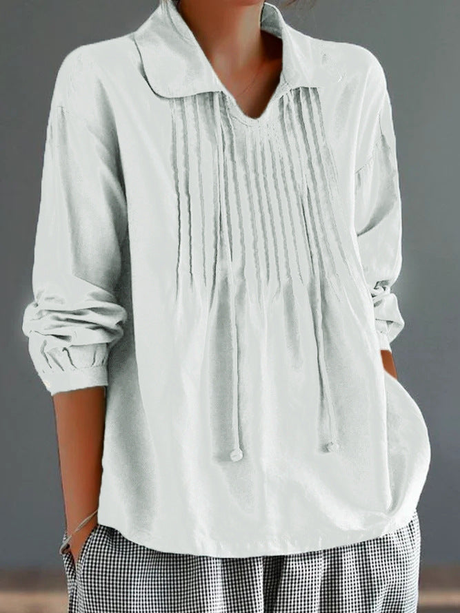 Loose Cotton And Linen Long Sleeve Women's Pleated Lapel Shirt
