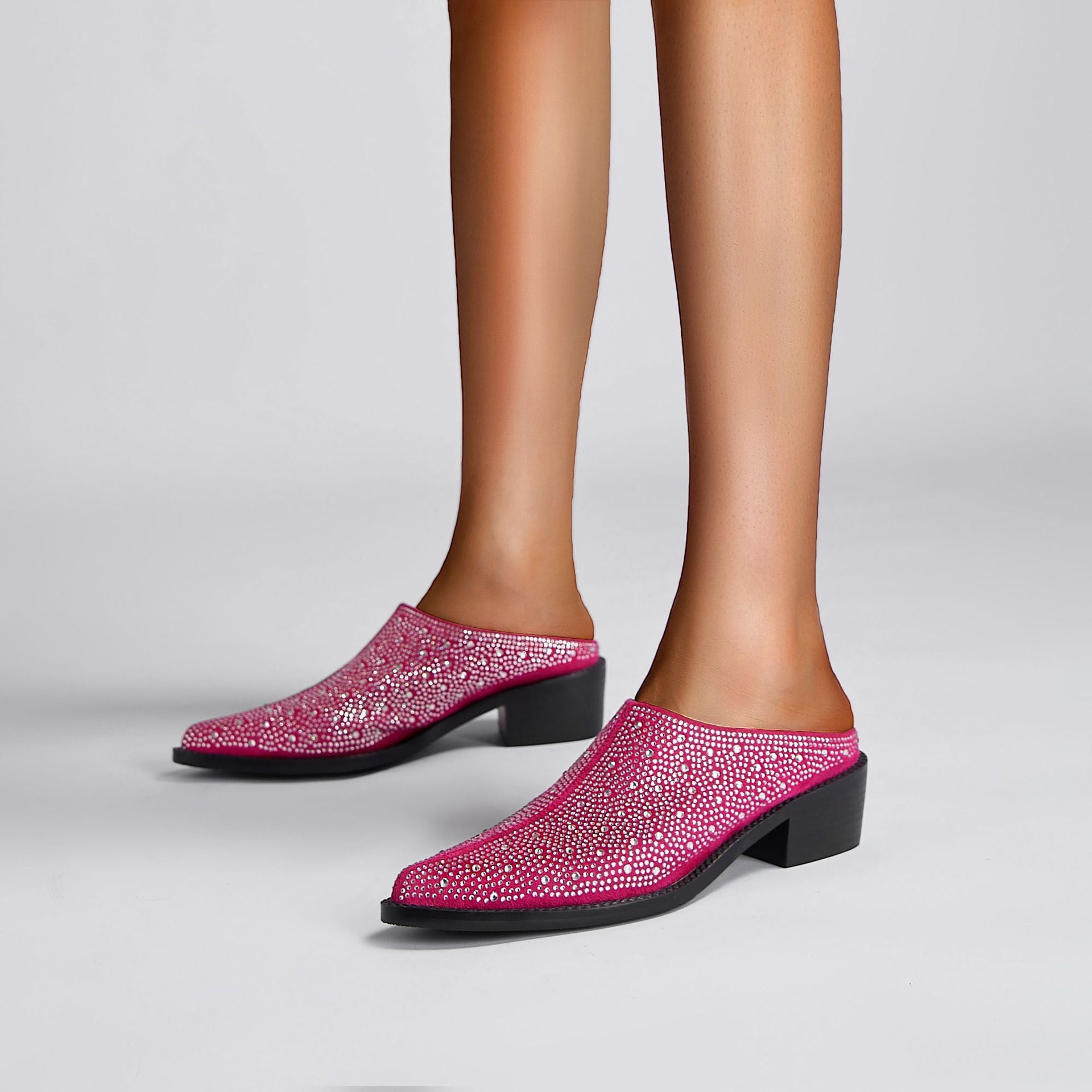 Women's Fashion All-match Rhinestone Full Diamond Pointed Toe Toe Cap Flat Heel Square Heel Sandals Slippers