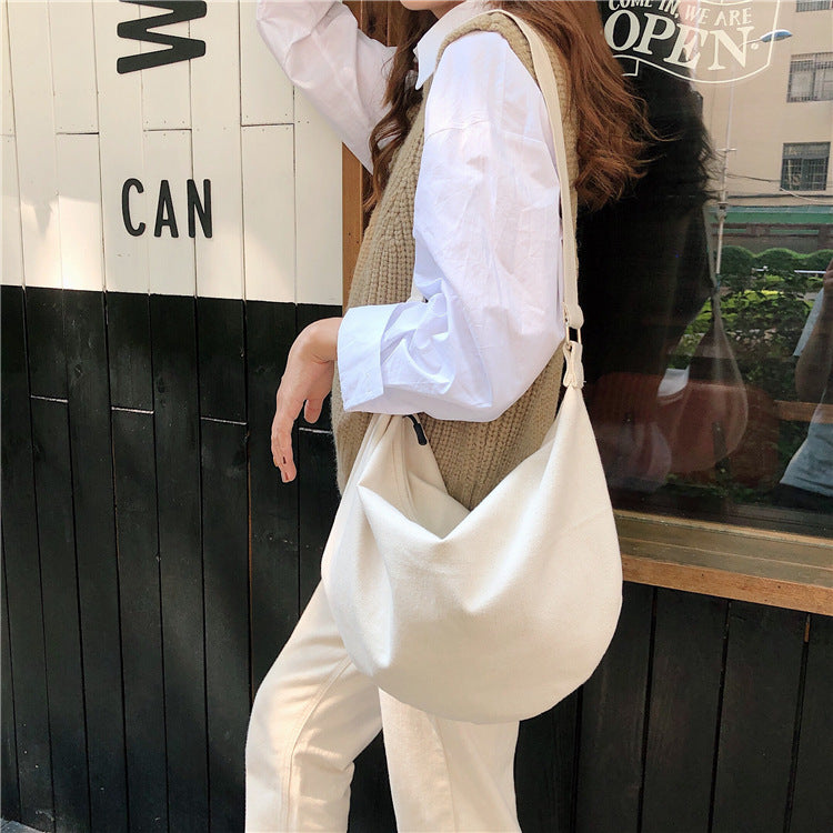 Large Capacity Shoulder Bag Simple Zipper Semicircle Shape Cloth Purses Ladies Cotton Crossbody Bags