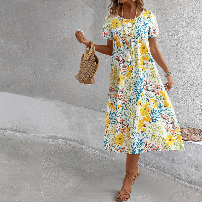 Women's Colorful Sweet Floral Round Neck Dress
