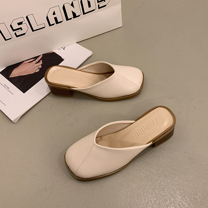 Square Toe Casual Mid Heel Half Outdoor Slippers