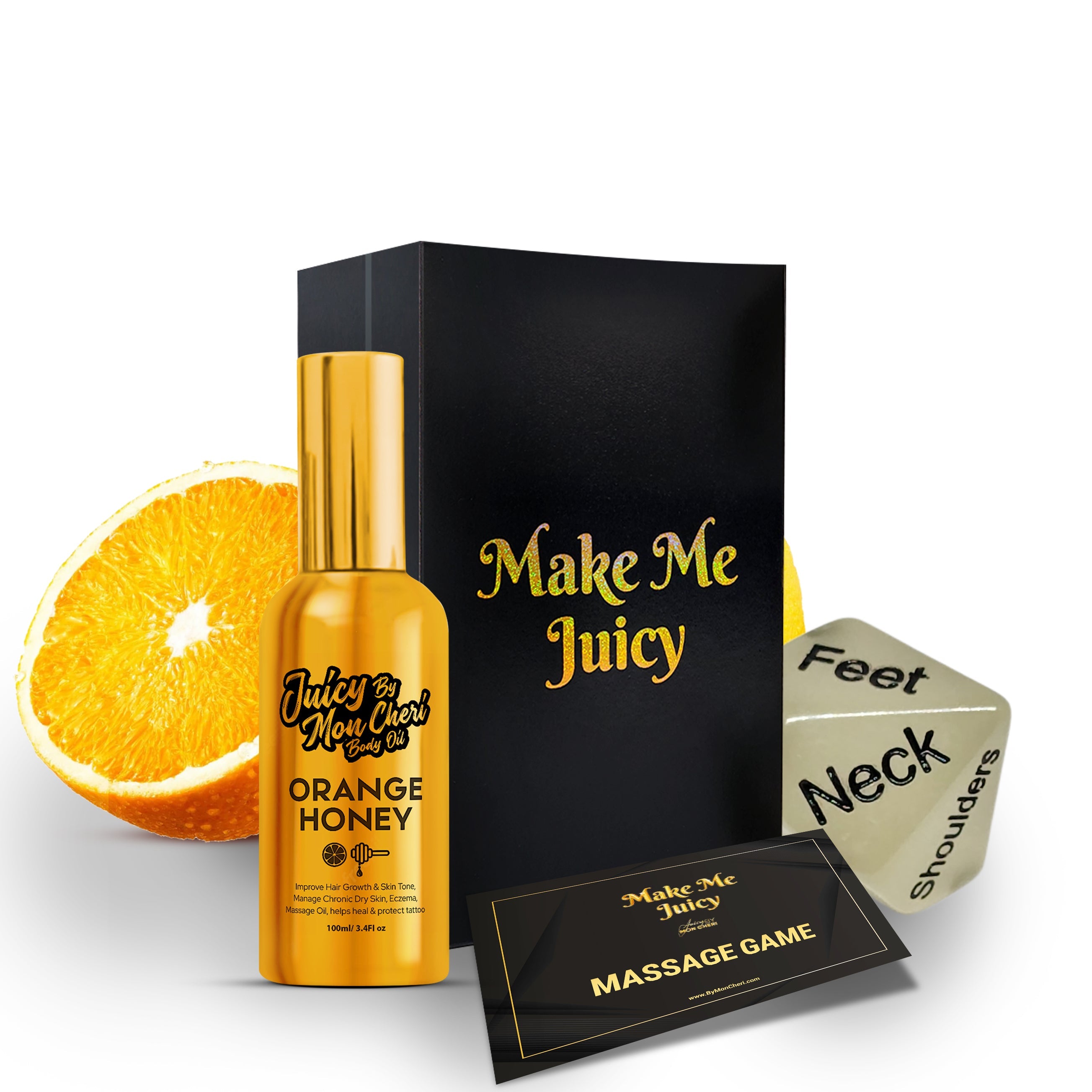 Unleash Intimate Fun with Juicy by Mon Cheri's Couples Massage Oil and Rolling Dice Game