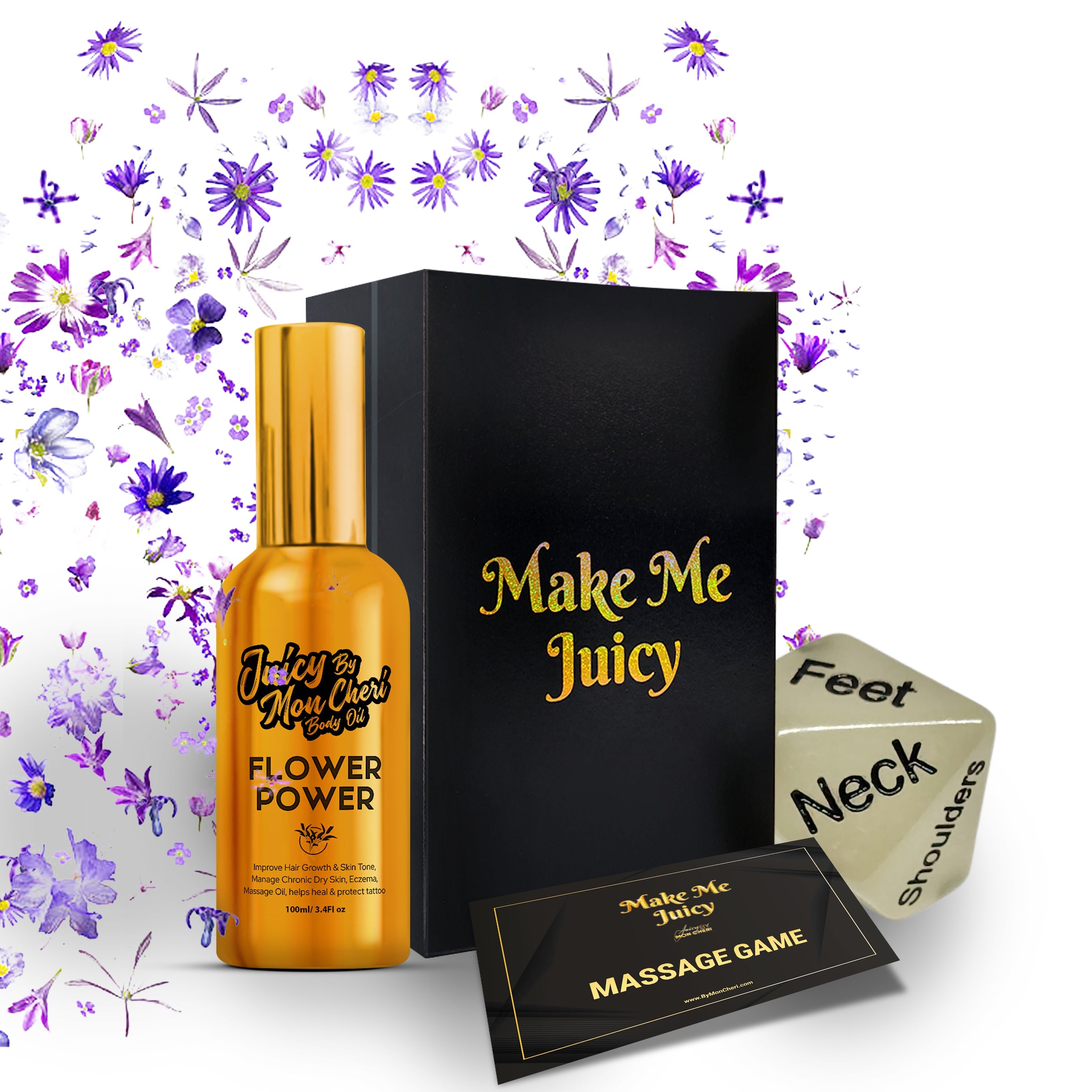Unleash Intimate Fun with Juicy by Mon Cheri's Couples Massage Oil and Rolling Dice Game